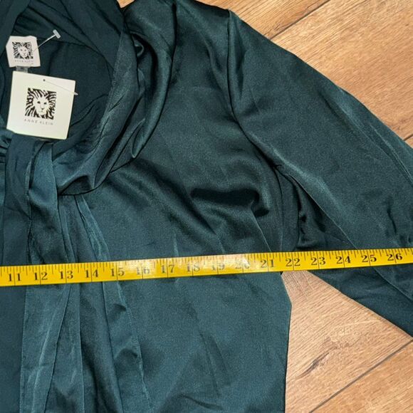 NWT Anne Klein Womens Satin Tie Neck Bow Long Sleeve Blouse Emerald Green XL - Picture 9 of 14